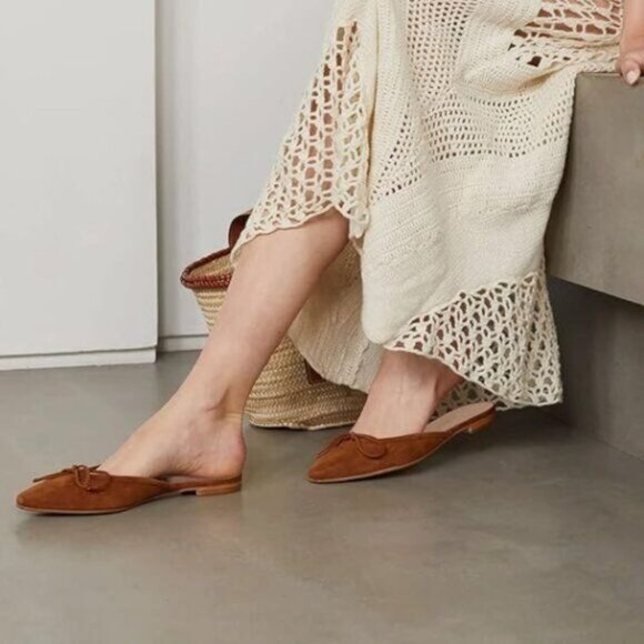 Fowt Shoes - FOWT Brown Low Heel  Almond Toe Mule Bow Knot Suede Slippers,Slip on Leisure Lad